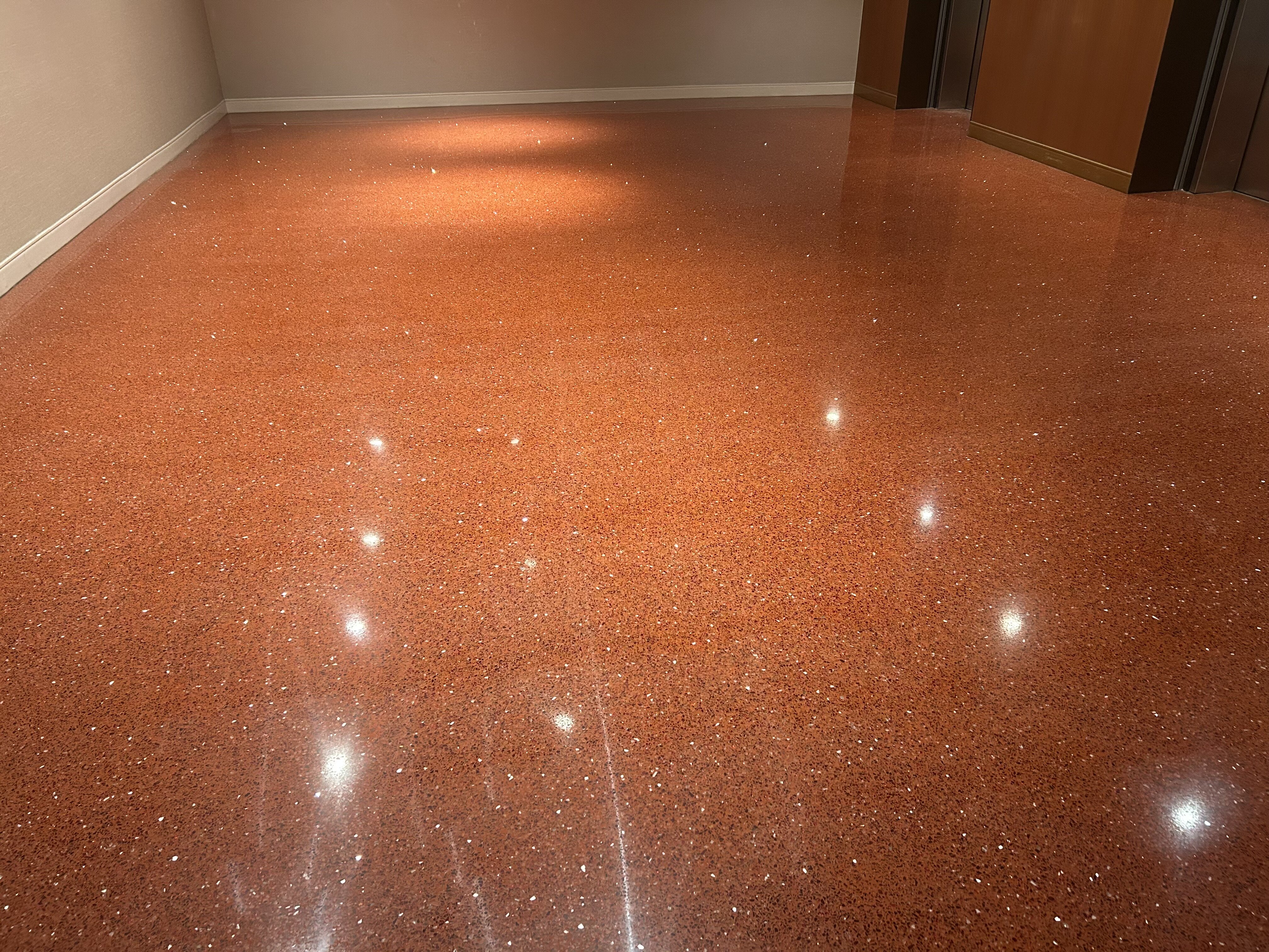 Restored terrazzo floor with a deep glossy finish