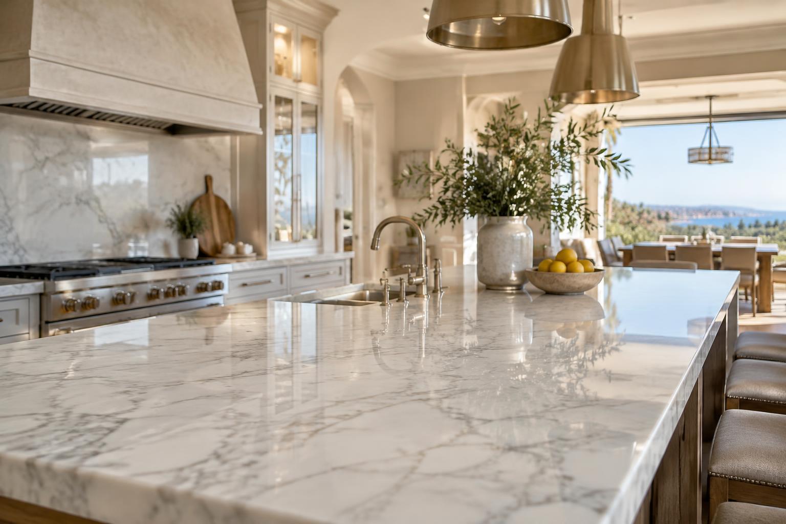 Restored polished marble kitchen countertop with natural veining